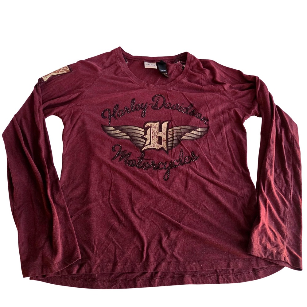 Harley Davidson Womens 2XL Long Sleeve Top Burgundy Rhinestone Lace Up Y2K Shirt